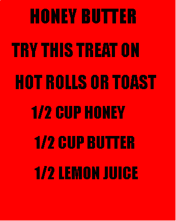 Text Box:         HONEY BUTTER   TRY THIS TREAT ON     HOT ROLLS OR TOAST                                               1/2 CUP HONEY           1/2 CUP BUTTER           1/2 LEMON JUICE