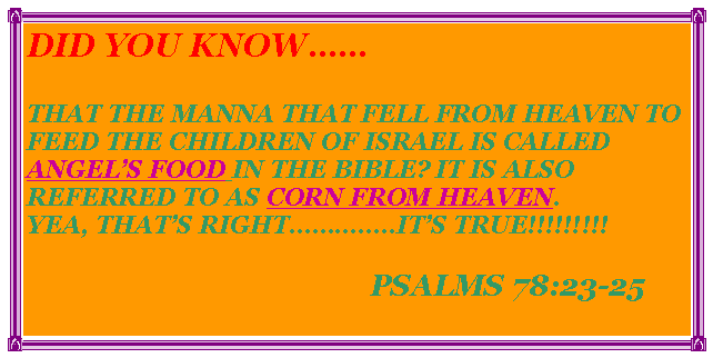Text Box: DID YOU KNOWTHAT THE MANNA THAT FELL FROM HEAVEN TO FEED THE CHILDREN OF ISRAEL IS CALLED ANGELS FOOD IN THE BIBLE? IT IS ALSO REFERRED TO AS CORN FROM HEAVEN.YEA, THATS RIGHT..ITS TRUE!!!!!!!!!                                                       PSALMS 78:23-25