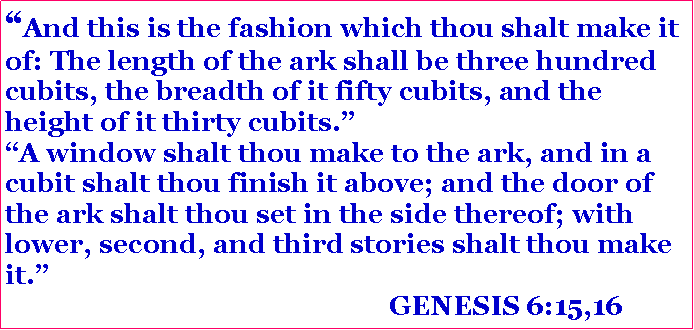 Text Box: And this is the fashion which thou shalt make it of: The length of the ark shall be three hundred cubits, the breadth of it fifty cubits, and the height of it thirty cubits.A window shalt thou make to the ark, and in a cubit shalt thou finish it above; and the door of the ark shalt thou set in the side thereof; with lower, second, and third stories shalt thou make it.                                                        GENESIS 6:15,16